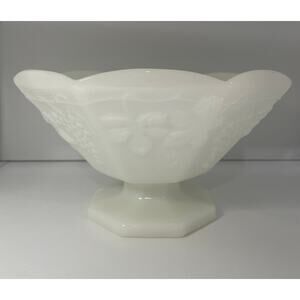 Vintage Large White Milk Glass Pedestal Fruit Bowl with Grape Pattern